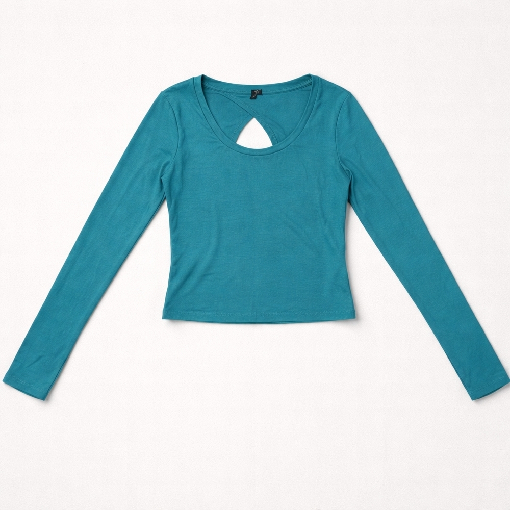 Zobha Teal Long-Sleeve Crop Top with Keyhole Opening On Back